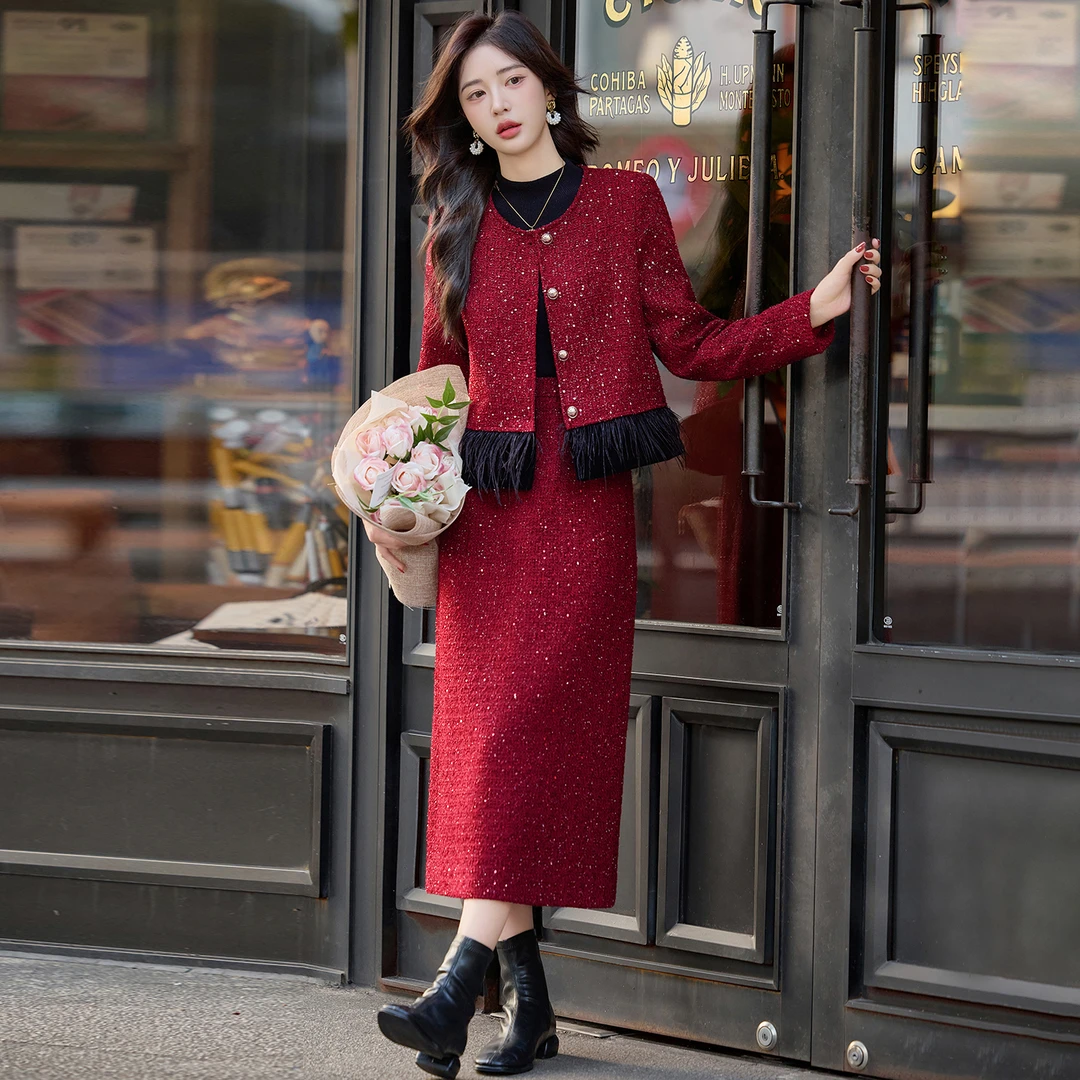 小香风法式时尚套装婚宴红色高级礼服睫毛边下摆减龄气质两件套