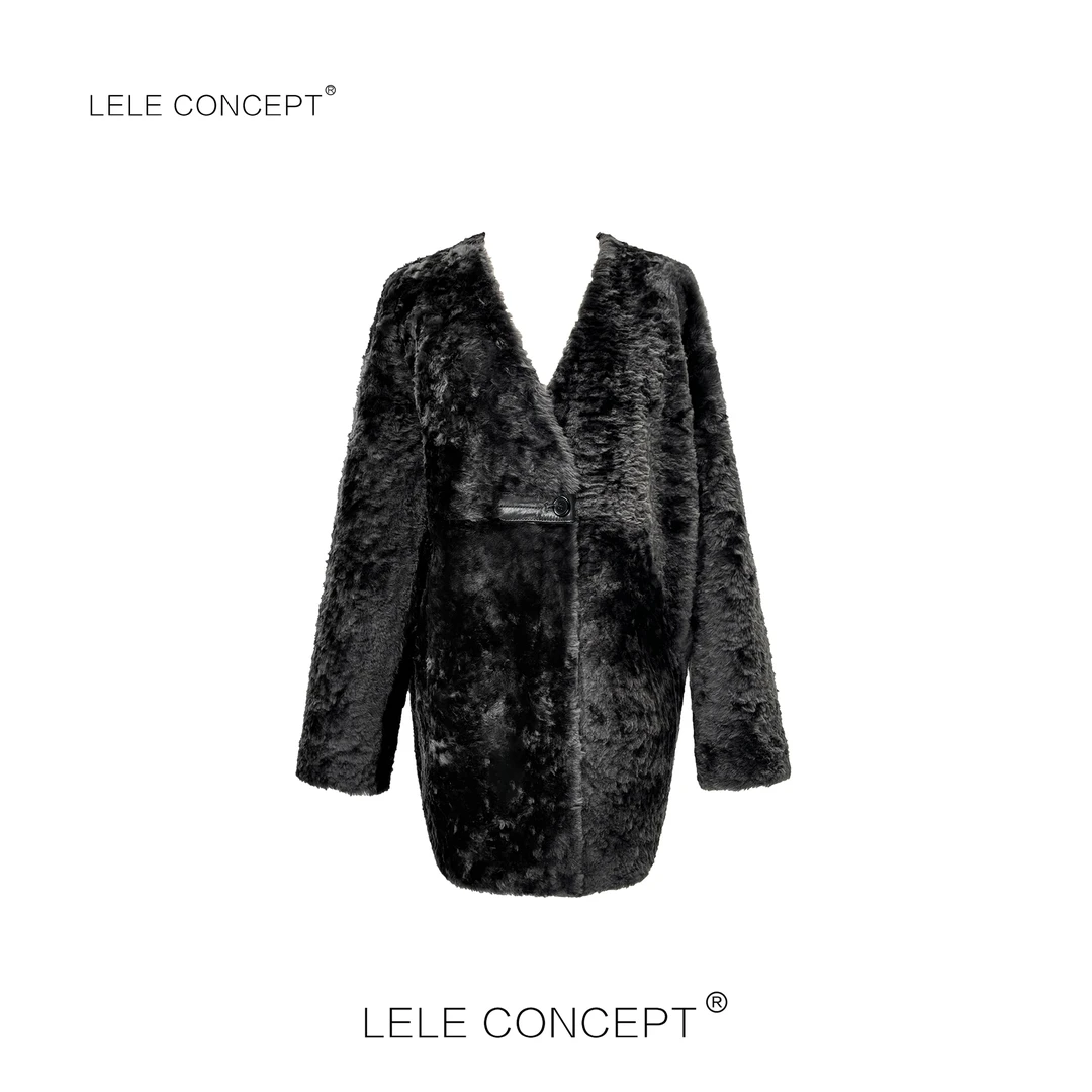 LELE CONCEPT｜[颖] 优雅气质高级单扣V领皮毛一体外套Y0492