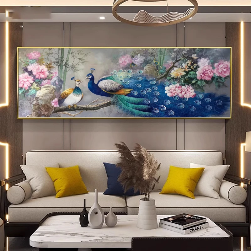 现代中式客厅沙发背景墙牡丹画孔雀画高端晶瓷镶钻装饰画立体挂画
