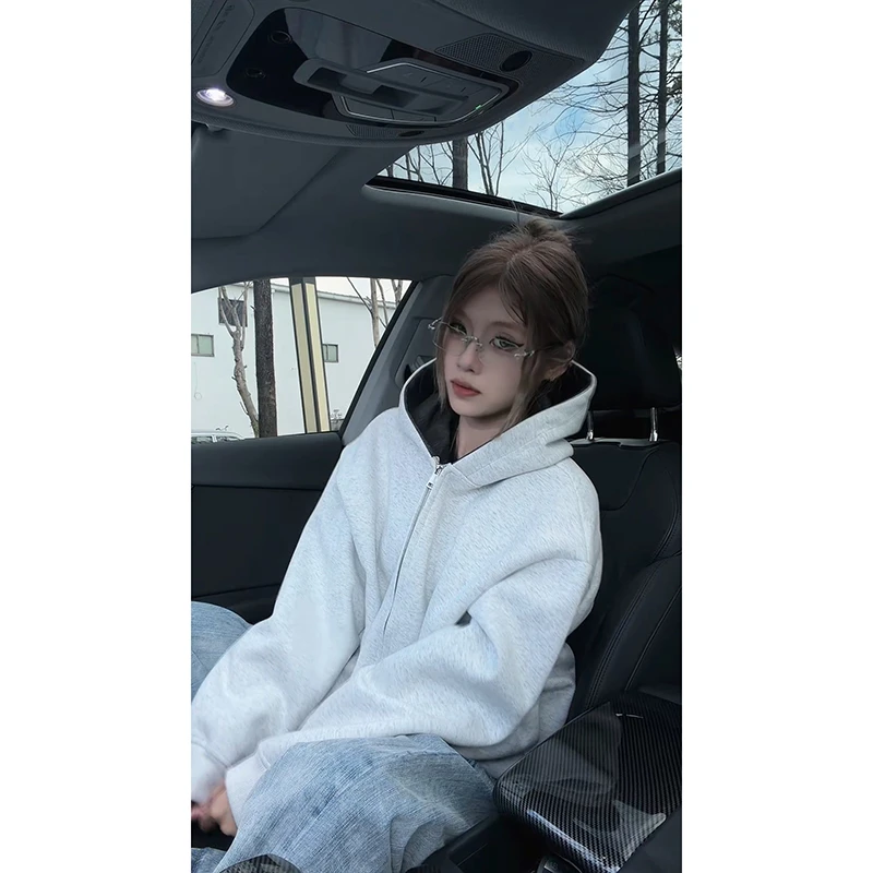 美式复古廓形双拉链卫衣开衫男秋季潮牌高街撞色百搭运动连帽外套