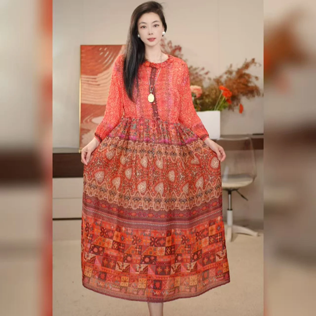 【多米拉】00226赤锦层澜印花极简风连衣裙气质夏季