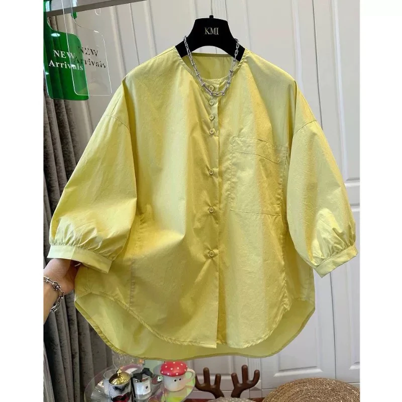超好看独特漂亮的衬衫女夏2025新款法式气质圆领宽松显瘦短袖上衣