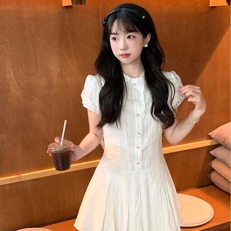 甜美风短袖泡泡领拼接连衣裙女聚酯纤维清新小个子夏季新款A字裙