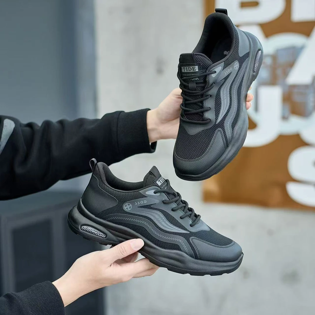 【慢慢女鞋】2025新款透网时尚男士低帮舒适纯黑皮休闲鞋真皮1165