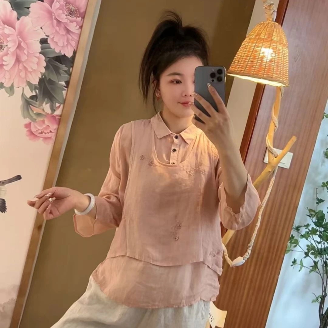 9973 国风中式刺绣假两件苎麻衬衫2025夏季新款百搭洋气女装上衣
