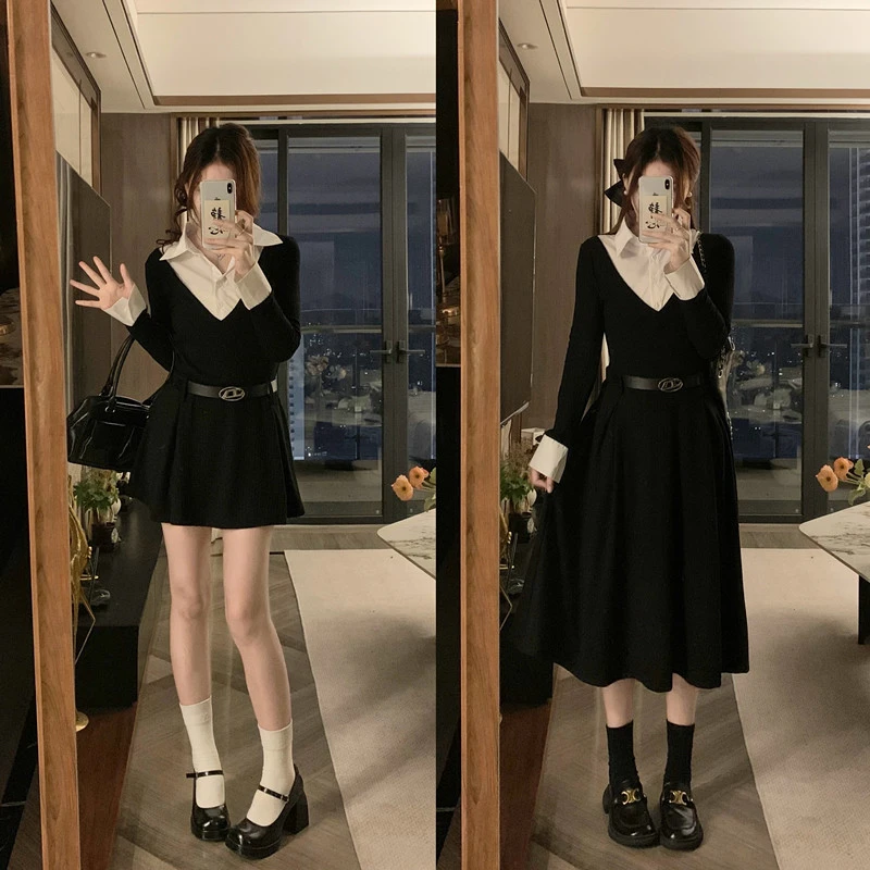 【小曹大码】新款假两件连衣裙女收腰显瘦连衣裙送皮带-DJ9851