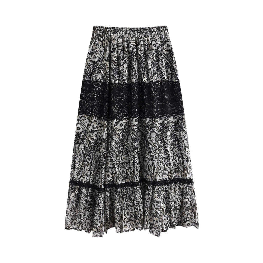 新款宽松显瘦气质优雅大摆印花高级复古女式半身裙0066