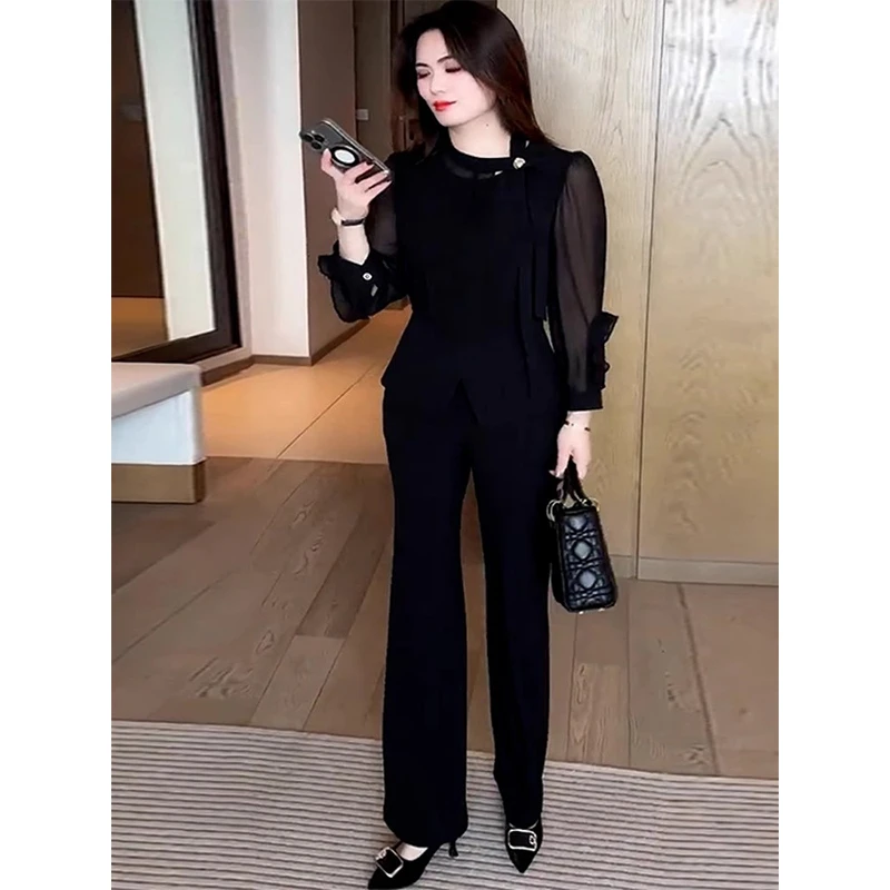 拉夏贝尔时尚休闲套装女2025秋新款圆领雪纺上衣高腰微喇裤两件套