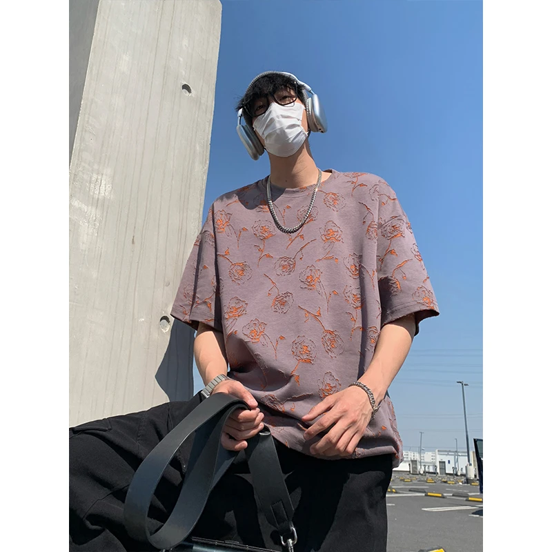 美式潮流玫瑰设计感短袖T恤直筒宽松撞色圆领男士大码百搭上衣服