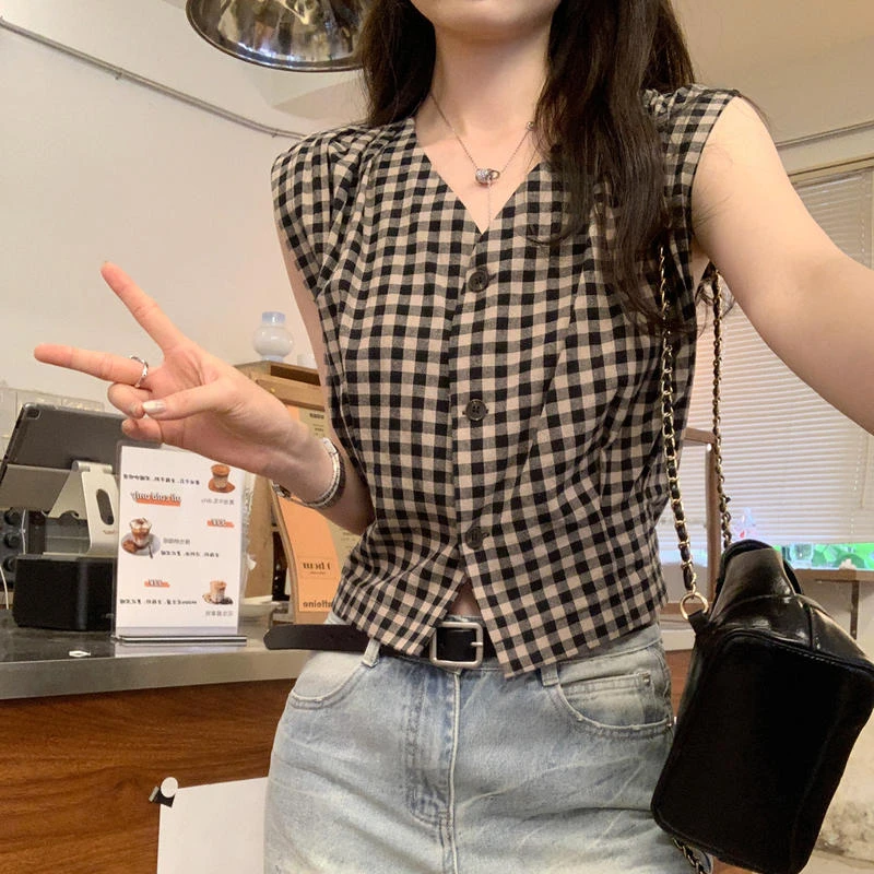 法式设计感复古红色格纹修身无袖衬衫女2025夏新款气质V领上衣女