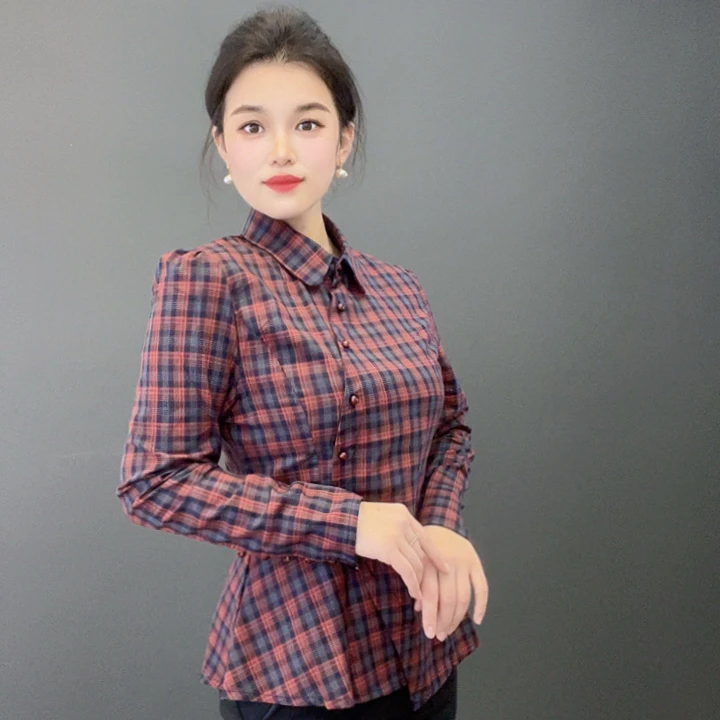 春秋新款显瘦气质格子衬衫设计感百搭复古长袖上衣