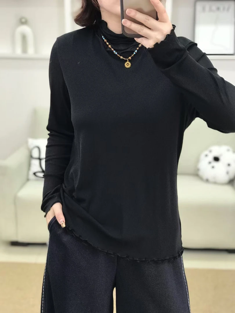 {莹莹推荐}6577秋季大码女装百搭堆堆领木耳边小衫打底T恤