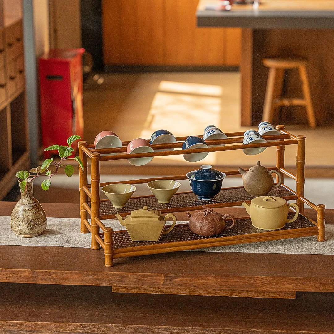 【自慢】竹编带沥水复古楠竹席面双层杯架壶架茶棚竹茶杯架茶具