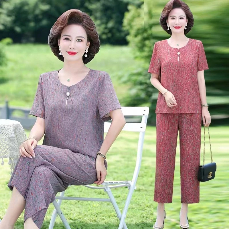 中年妈妈装大码宽松洋气短袖套装中老年女装显瘦气质时尚两件套