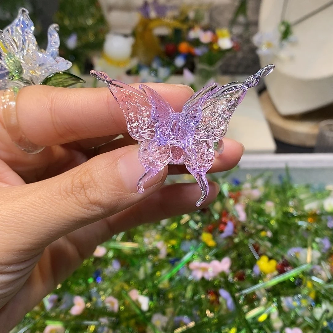 琉璃手工艺品粉紫双层蝴蝶戒指