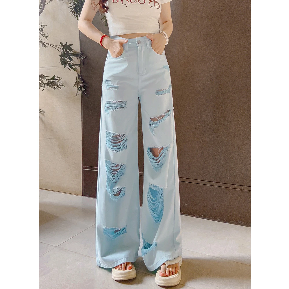 132设计感不规则小众破洞辣妹牛仔裤女2025夏薄款宽松显瘦阔腿裤