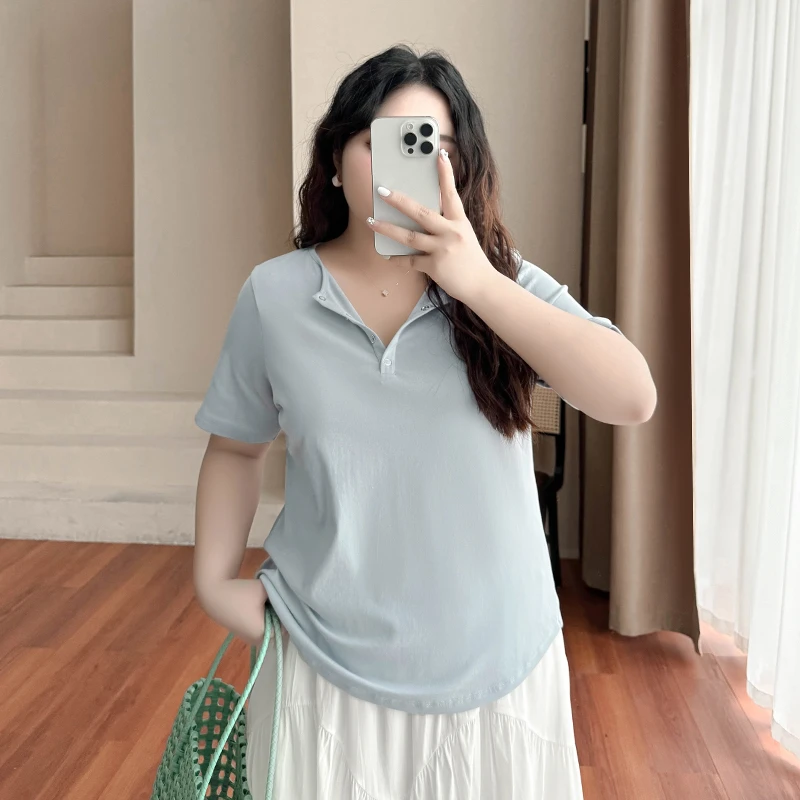 DX7406大码女装【韩系辣妹T】夏季V领短袖胖mm收腰遮肚显瘦别致上衣