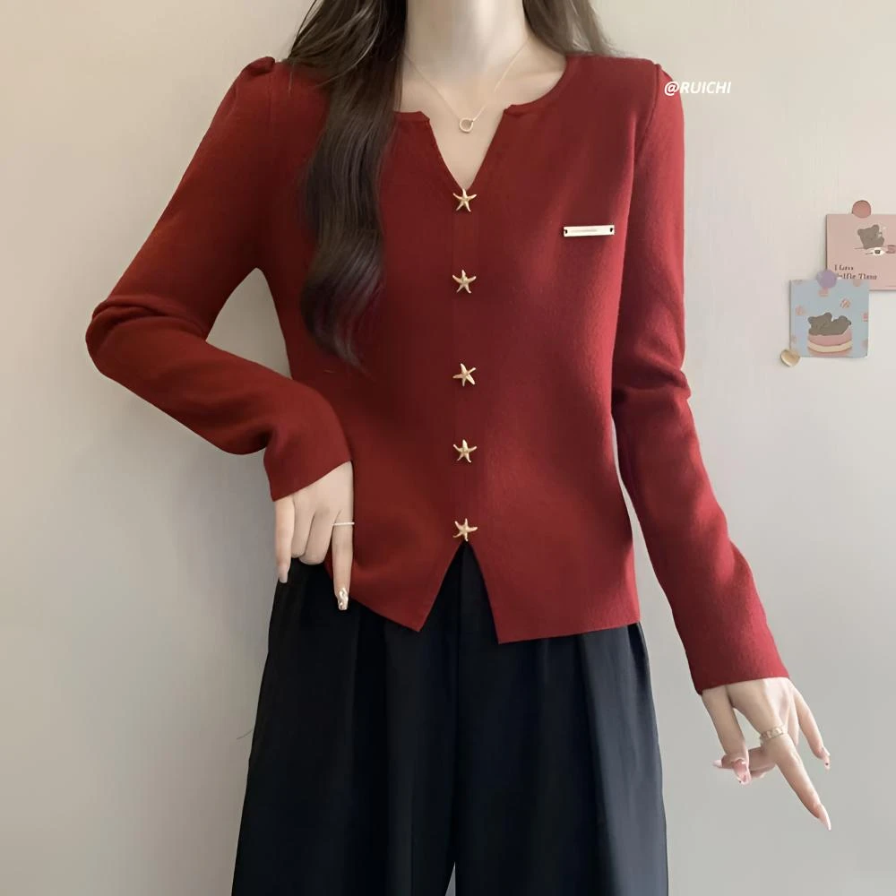 2025秋季新款短款v领海星金属扣高级洋气百搭显瘦针织衫上衣女