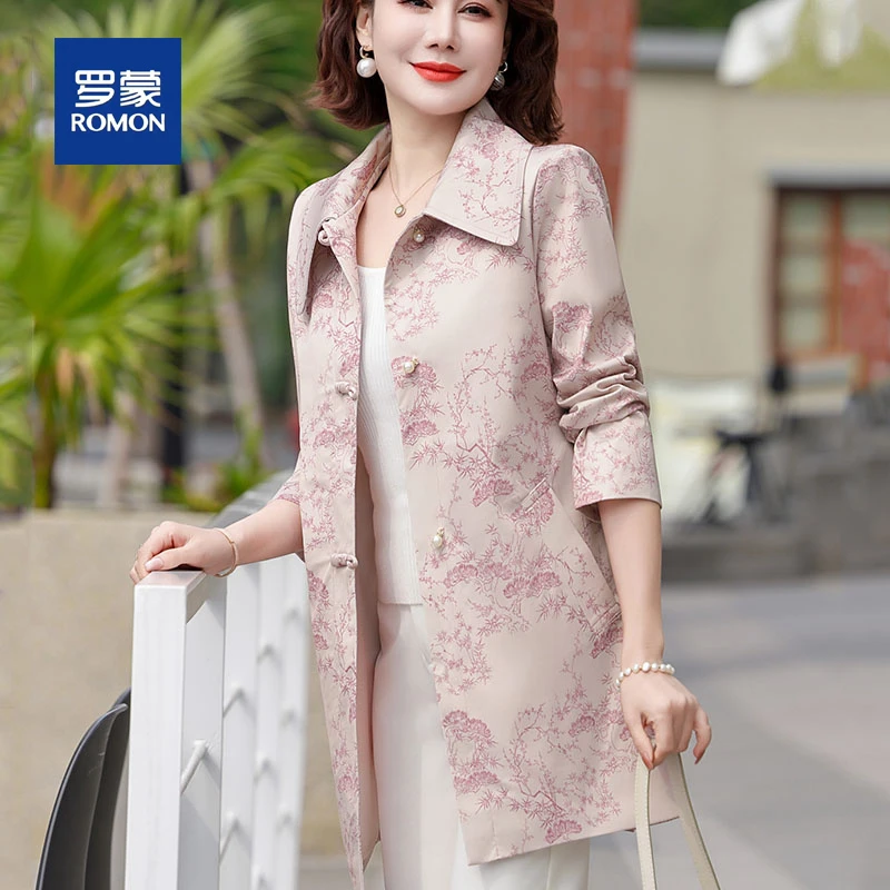 罗蒙气质妈妈春秋装衬衫式外套女新款时尚印花中老年人薄款风衣女