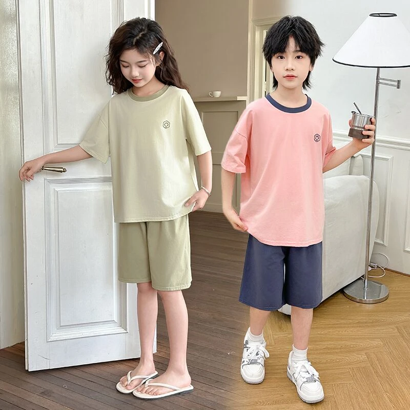 儿童夏季纯棉薄款男童女童睡衣中大童凉感休闲韩版短袖家居服套装