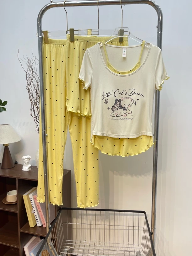 【黄色蝴蝶猫咪】~新款短袖带胸垫可外穿休闲时尚家居服套装~