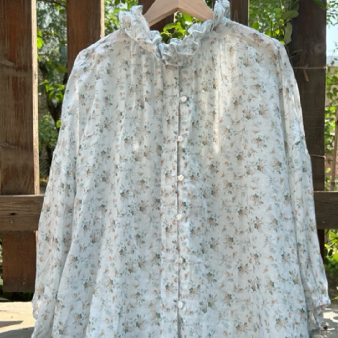 日系打条水墨晕染高级感九分袖衬衫时尚百搭宽松显瘦