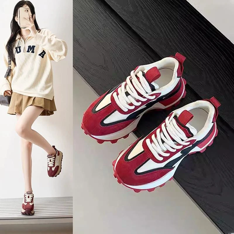 红色厚底德训鞋女2025新款休闲运动老爹板鞋小蛮腰华夫阿甘鞋