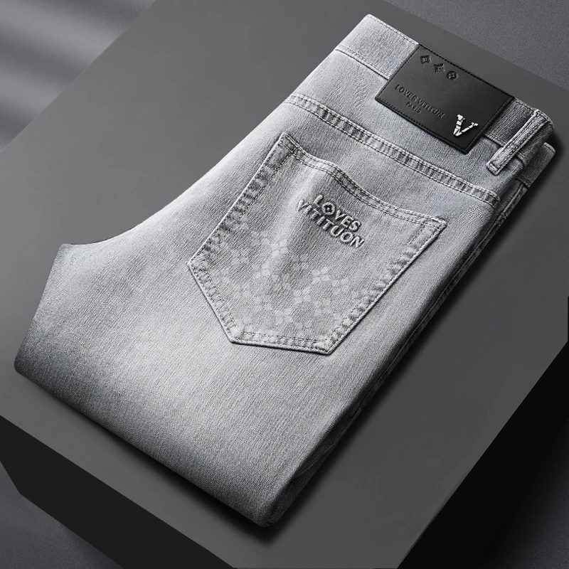 BQDK轻奢高端云感棉灰色新款男牛仔裤时尚弹力修身薄商务休闲长裤