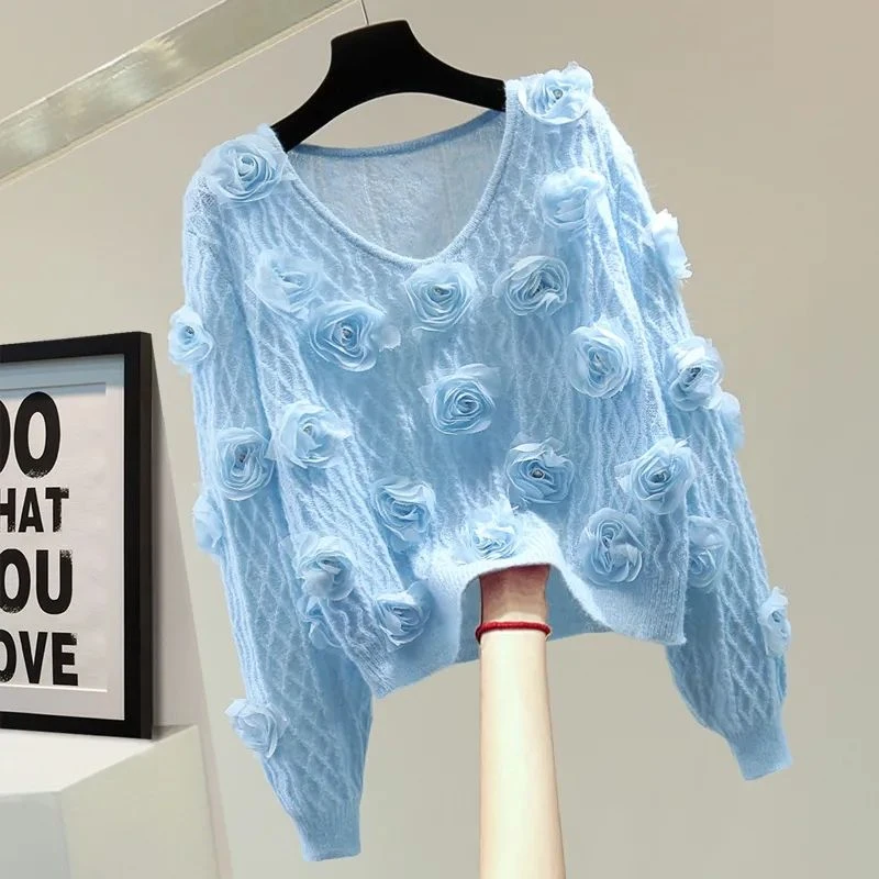 【80-155斤】重工花朵镶钻长袖上衣2024秋冬韩版宽松显瘦毛衣淑女风