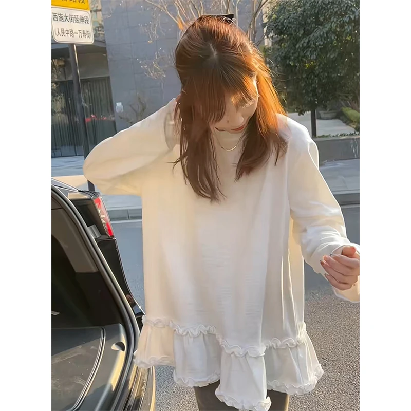高级感法式小众木耳边T恤女长袖早春装新款设计感宽松慵懒风上衣