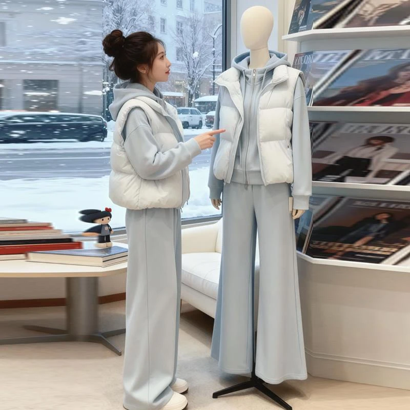 韩系一整套深冬穿搭女生超好看时尚马甲外套加绒卫衣阔腿裤三件套