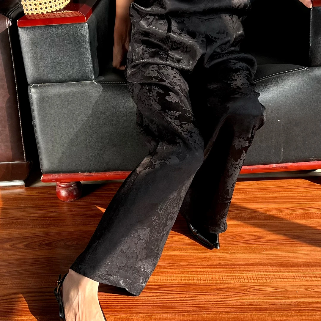 【山河入梦】秋季新中式重磅重缎显瘦高腰阔腿裤子古香缎薄款8037-1