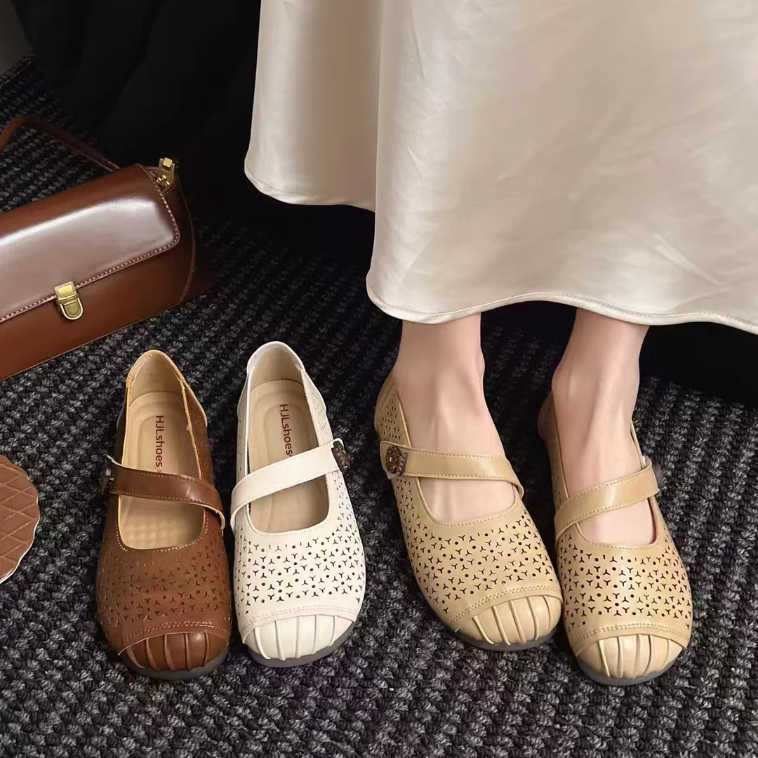 KAMANZHE/卡曼哲镂空浅口单鞋妈妈大码夏季鞋女鞋平底凉鞋洞洞鞋