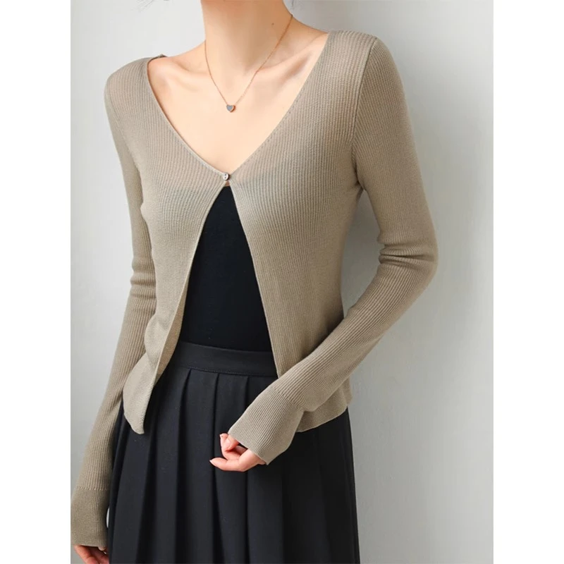V领设计感一粒扣天丝针织开衫女春夏修身外搭小个子长袖上衣外套