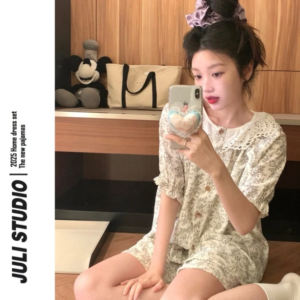 JULI<甜梦> 韩系甜美花边圆领碎花短袖短裤家居服睡衣套装