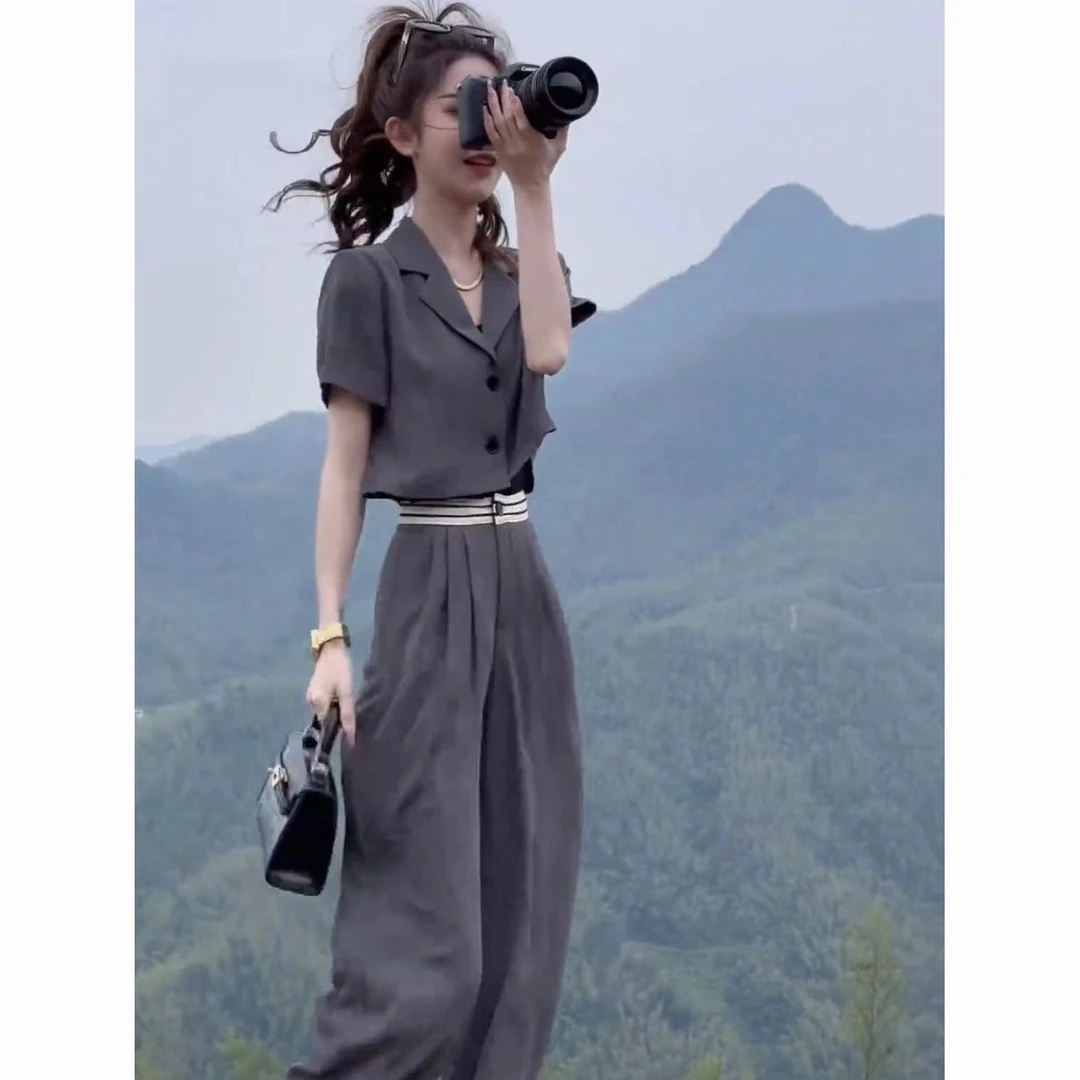 夏季冰感短款通勤气质纸片西装套装休闲裤半身裙高级感两件套