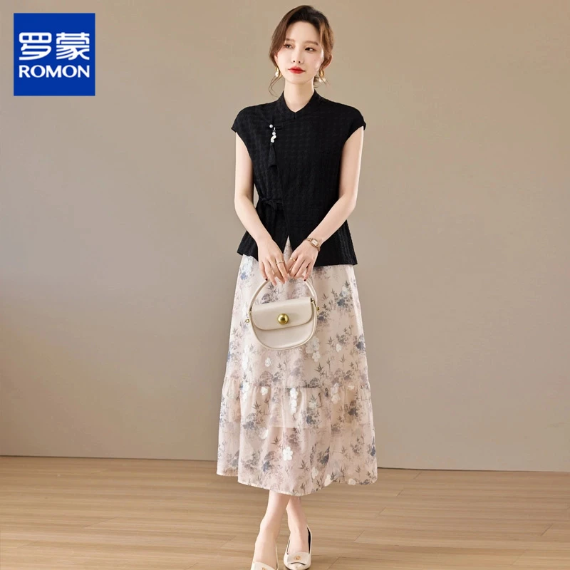 罗蒙减龄妈妈夏装新中式国风上衣裙子新款气质中老年女装两件套装