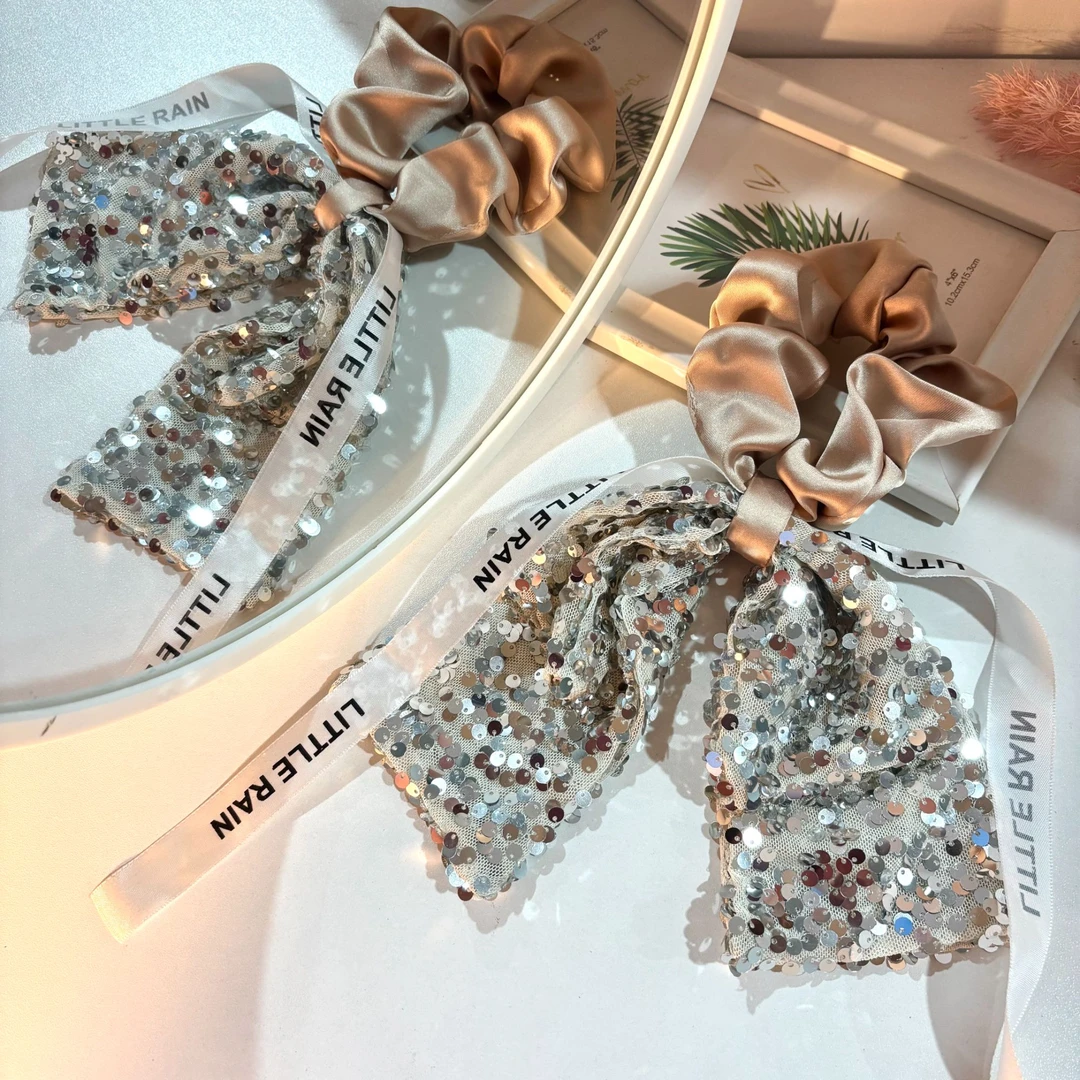 法式超闪亮片蝴蝶结飘带发圈高级感气质时髦发带定制丝带飘带头绳