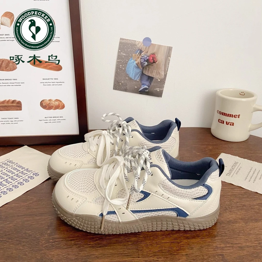 啄木鸟网面透气德训板鞋女2025新款春夏超火小众休闲运动小白鞋