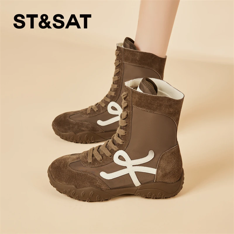 星期六复古棕色西部靴女款2025新款秋季配裙子增高草原靴子厚底靴