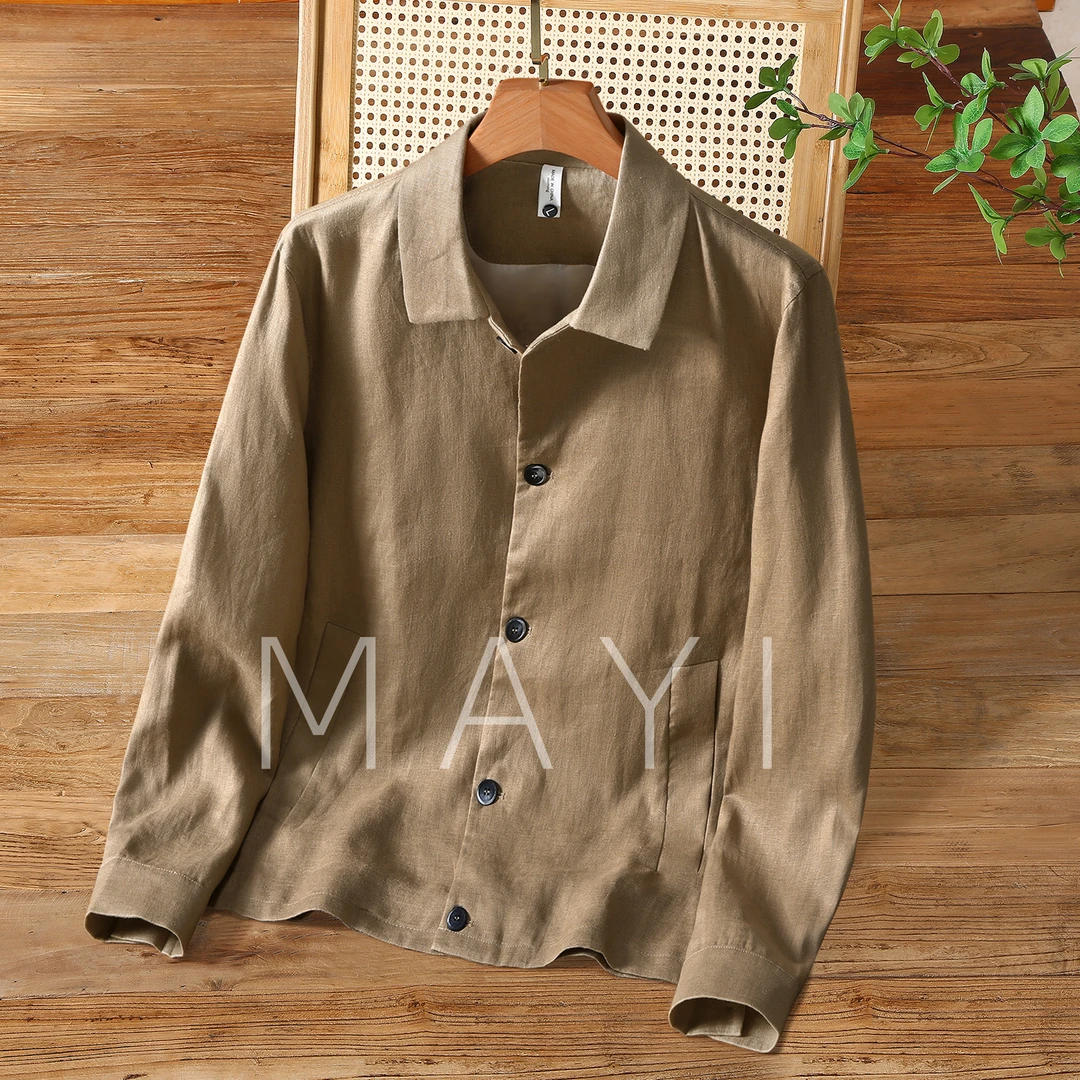 松弛慵懒老钱风纯亚麻LP衬衫式夹克进口100%全麻布料外套上衣男装