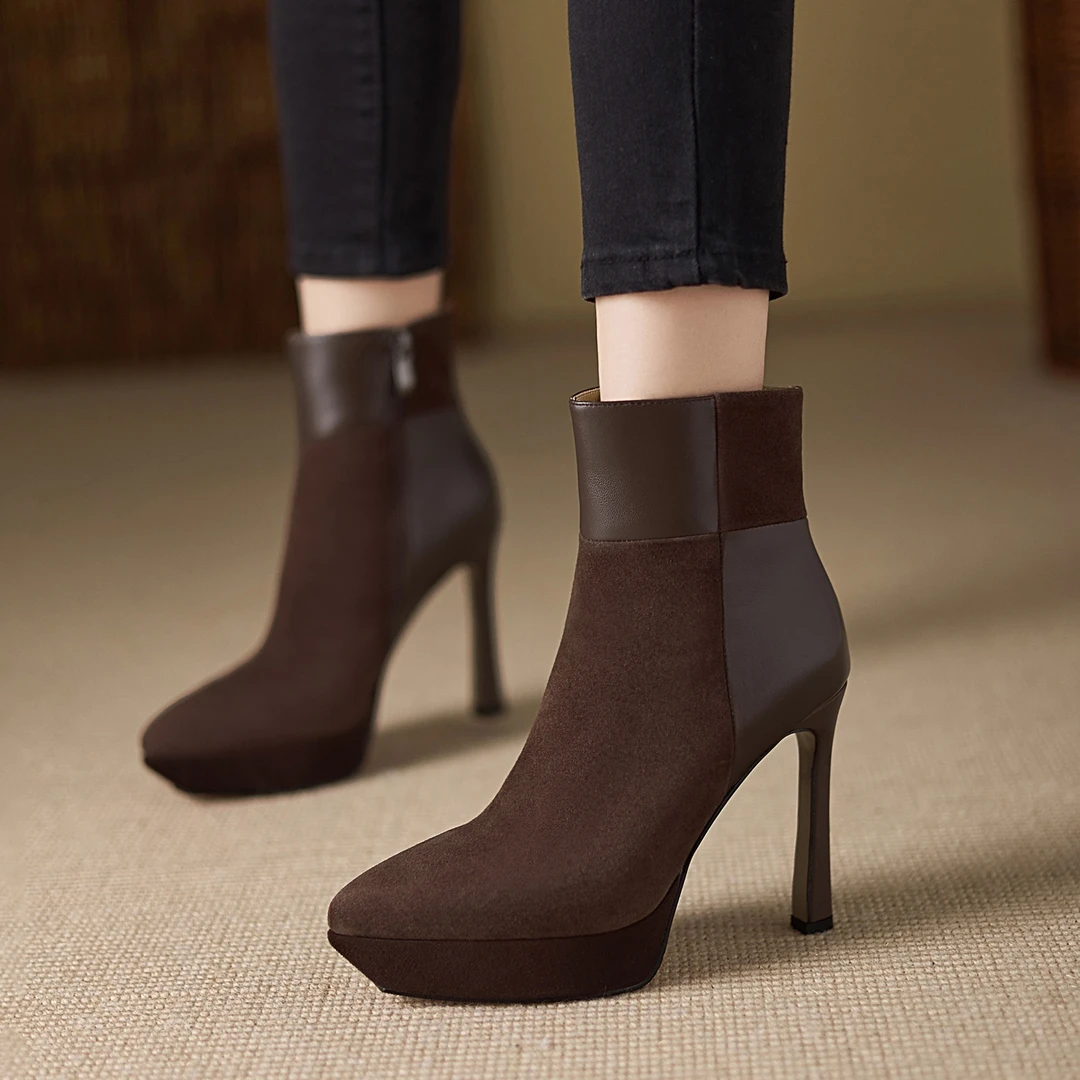 10.5cm法式高跟时装靴细跟尖头短靴侧拉链短筒单靴棕色加绒女靴子