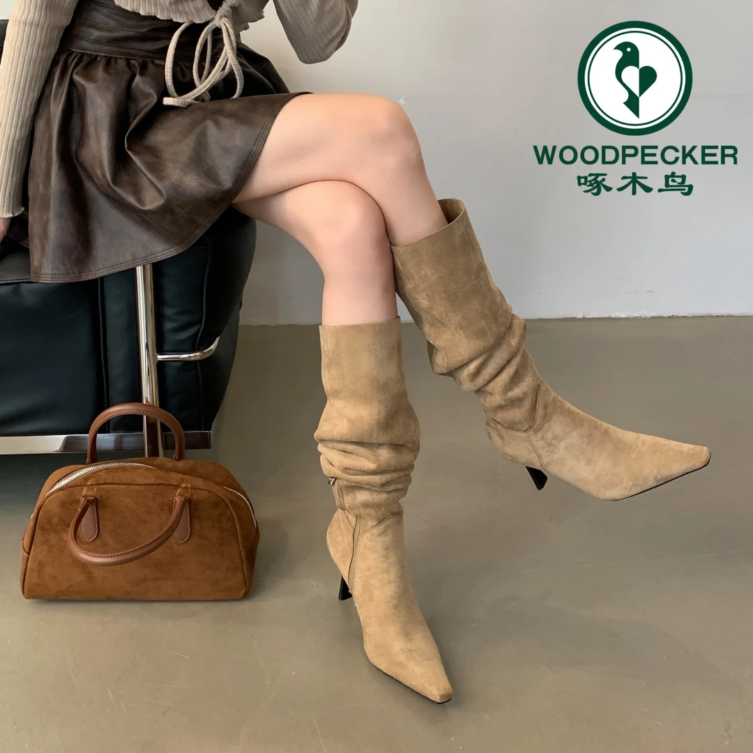 啄木鸟过膝长靴女两穿大筒围2025秋冬新款绒面尖头细跟高跟堆堆靴