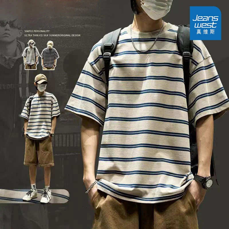 Jeanswest/真维斯潮流条纹休闲短袖男生夏季薄款宽松百搭上衣T恤