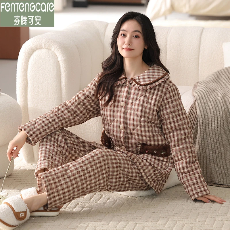 芬腾可安防静电睡衣女士冬季三层加厚加绒梭织纯棉夹棉保暖家居服