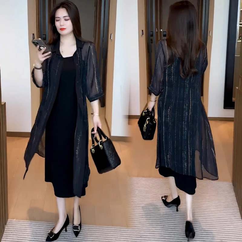 时尚连衣裙套装女2025夏季时髦洋气宽松显瘦外披气质吊带裙两件套