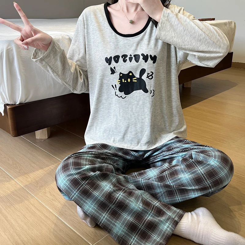 Meng luan/梦鸾韩版ins风睡衣女春秋款带胸垫可爱猫咪长袖家居服