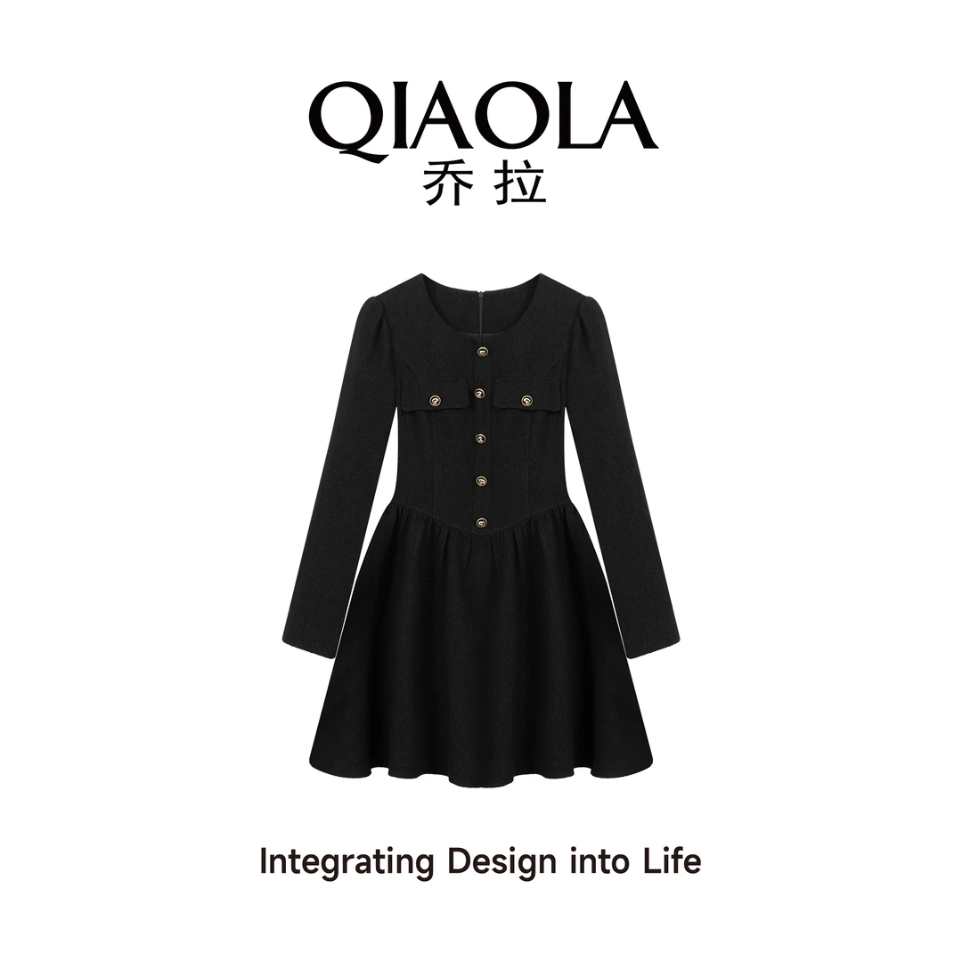 QIAOLA/乔拉【黑金魅影】秋冬季小香风赫本压褶A版气质连衣裙预售