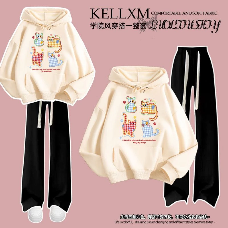 新款男女童秋冬套装连帽卫衣长裤洋气韩系格子猫咪印花中大童两件