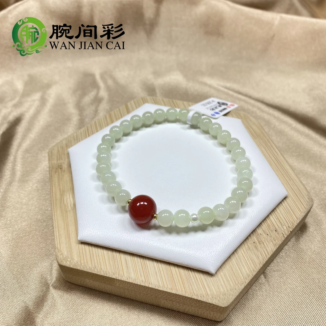 天然晴水和田玉手串搭配红玛瑙顶珠加天然淡水珍珠手链2908